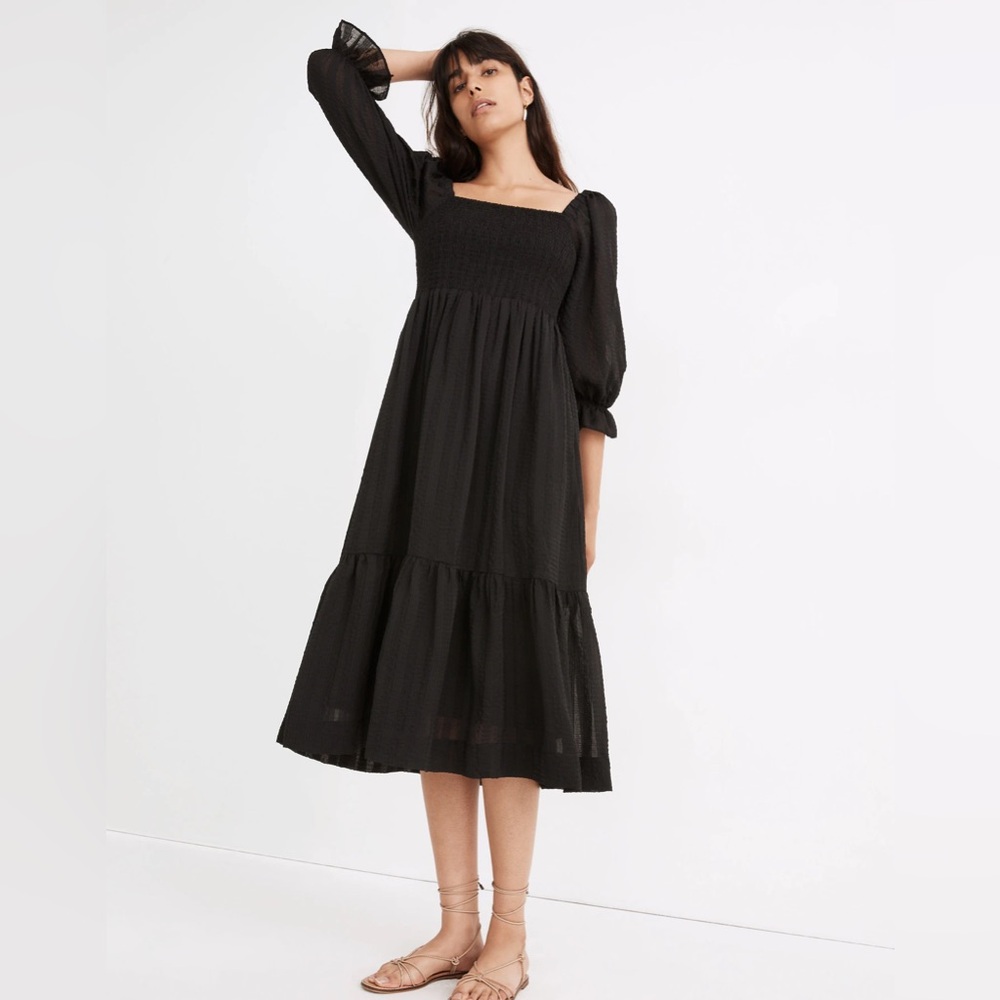 Lucie Elbow-Sleeve Smocked Midi Dress